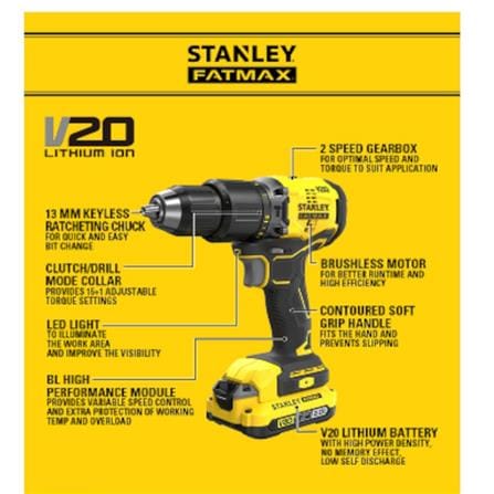 STANLEY&nbsp;CORDLESS 20V BRUSHLESS HAMMER DRILL (X2 BATTERY INCLUDED)