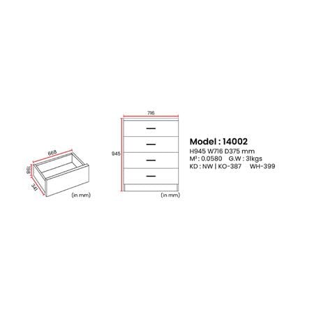 CHEST 4 DRAWER 75x40x94CM NEW WHITE