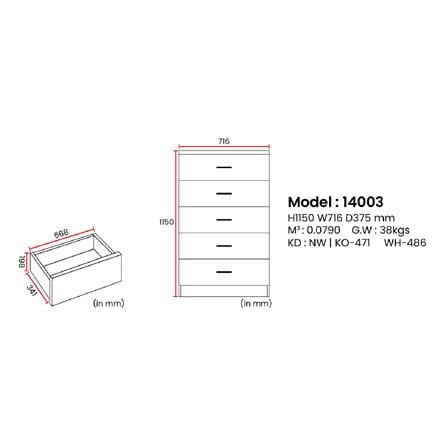 CHEST 5 DRAWER 75x40x114CM WHITE