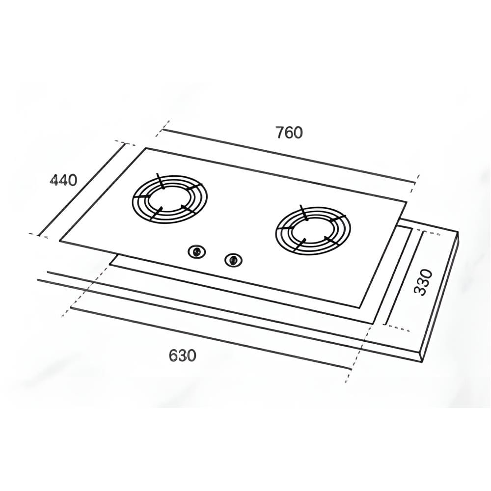 RUBINE GAS HOB RGH-CALDO2B-BL 76CM 2BURNERS 5.2KW
