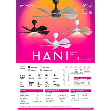 ALPHA CEILING FAN HANI 5BLADE LED GREYWOOD 36"