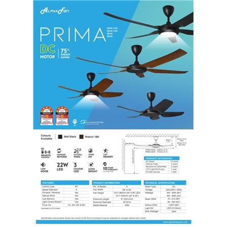 ALPHA CEILING FAN PRIMA 5BLADE WALNUT ABS 56"