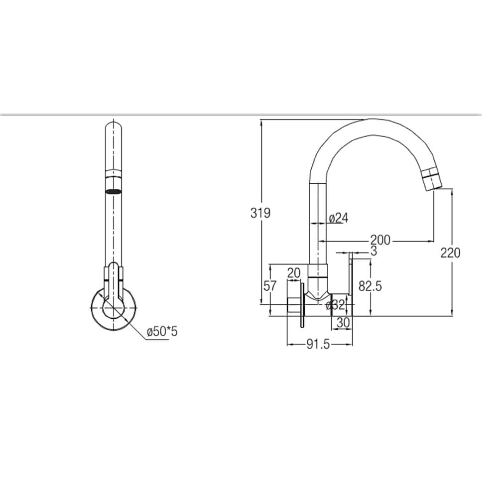 JOHNSON SUISSE MURANO 1/2"  WALL MOUNTED SINK TAP WITH SWIVEL SPOUT WBFA301422SS