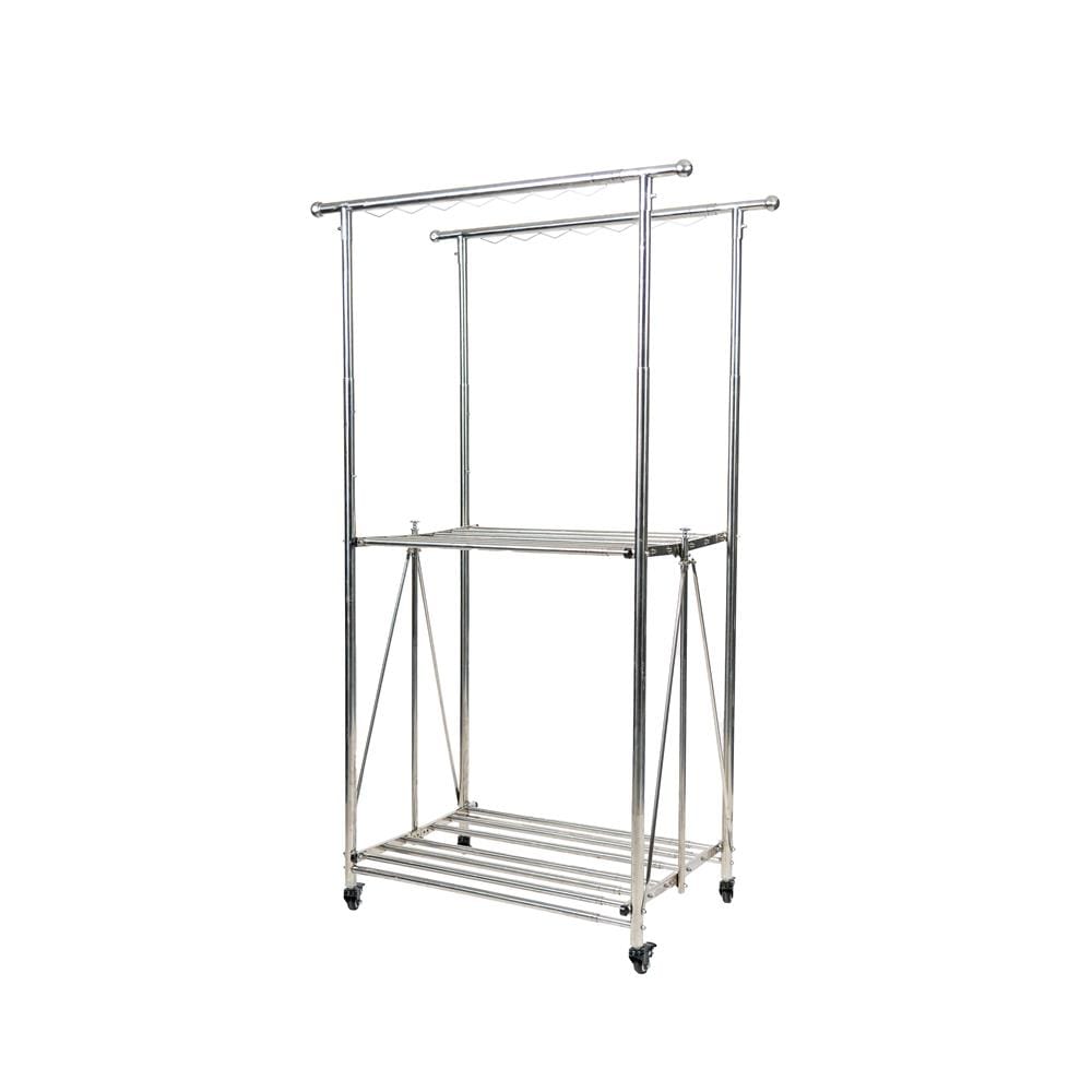 2-BAR ADJUSTABLE FOLDING STAINLESS STEEL CLOTHES RACK WITH CASTERS MHT 15-50X75-115X160-180CM