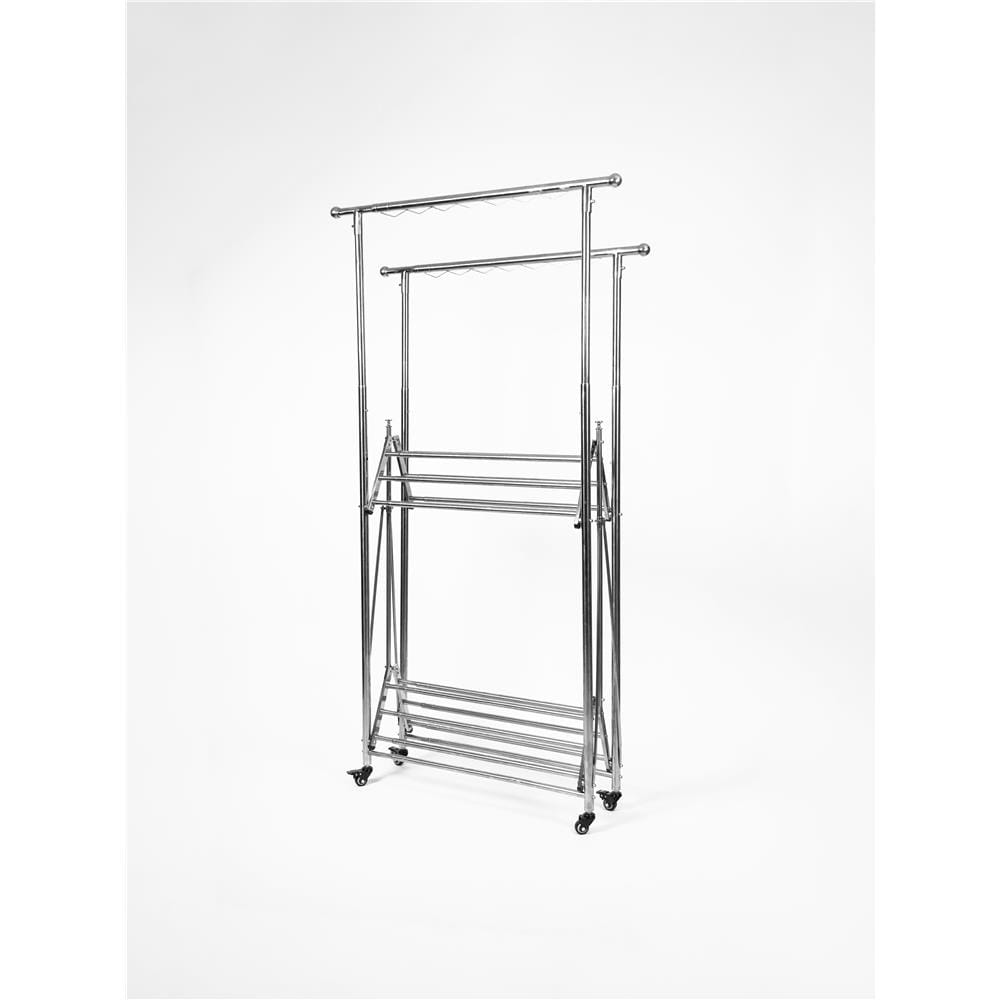 2-BAR ADJUSTABLE FOLDING STAINLESS STEEL CLOTHES RACK WITH CASTERS MHT 15-50X75-115X160-180CM