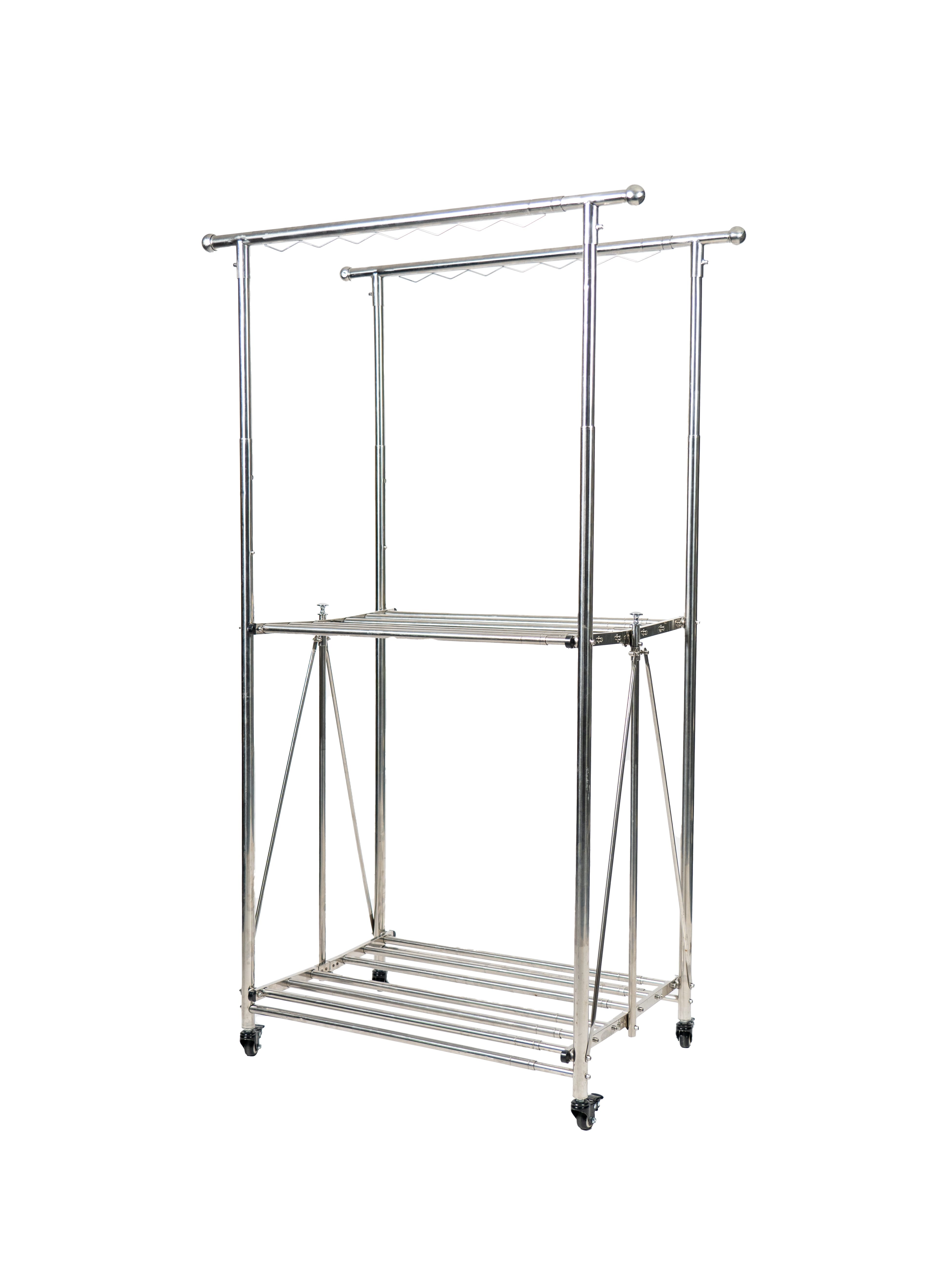 2-BAR ADJUSTABLE FOLDING STAINLESS STEEL CLOTHES RACK WITH CASTERS MHT 15-50X75-115X160-180CM