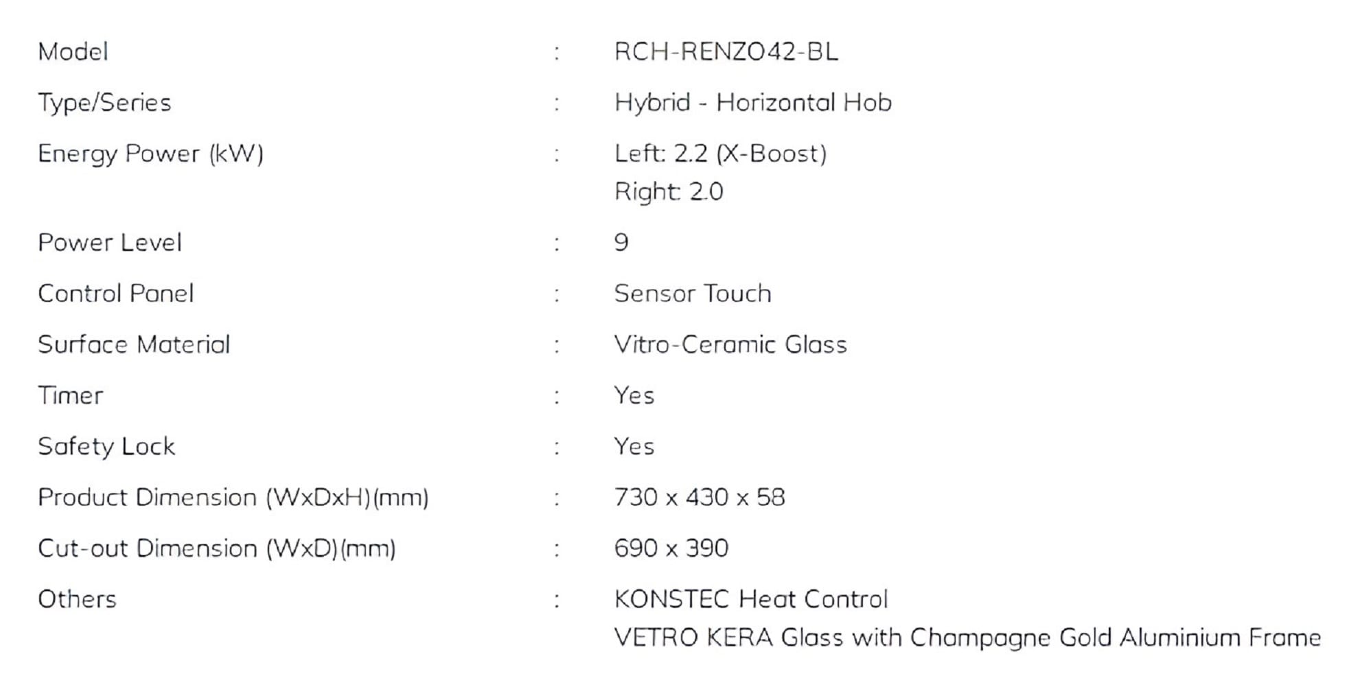 RUBINE CERAMIC+INDUCTION HOB RCH-RENZO42-BL BLACK 73CM