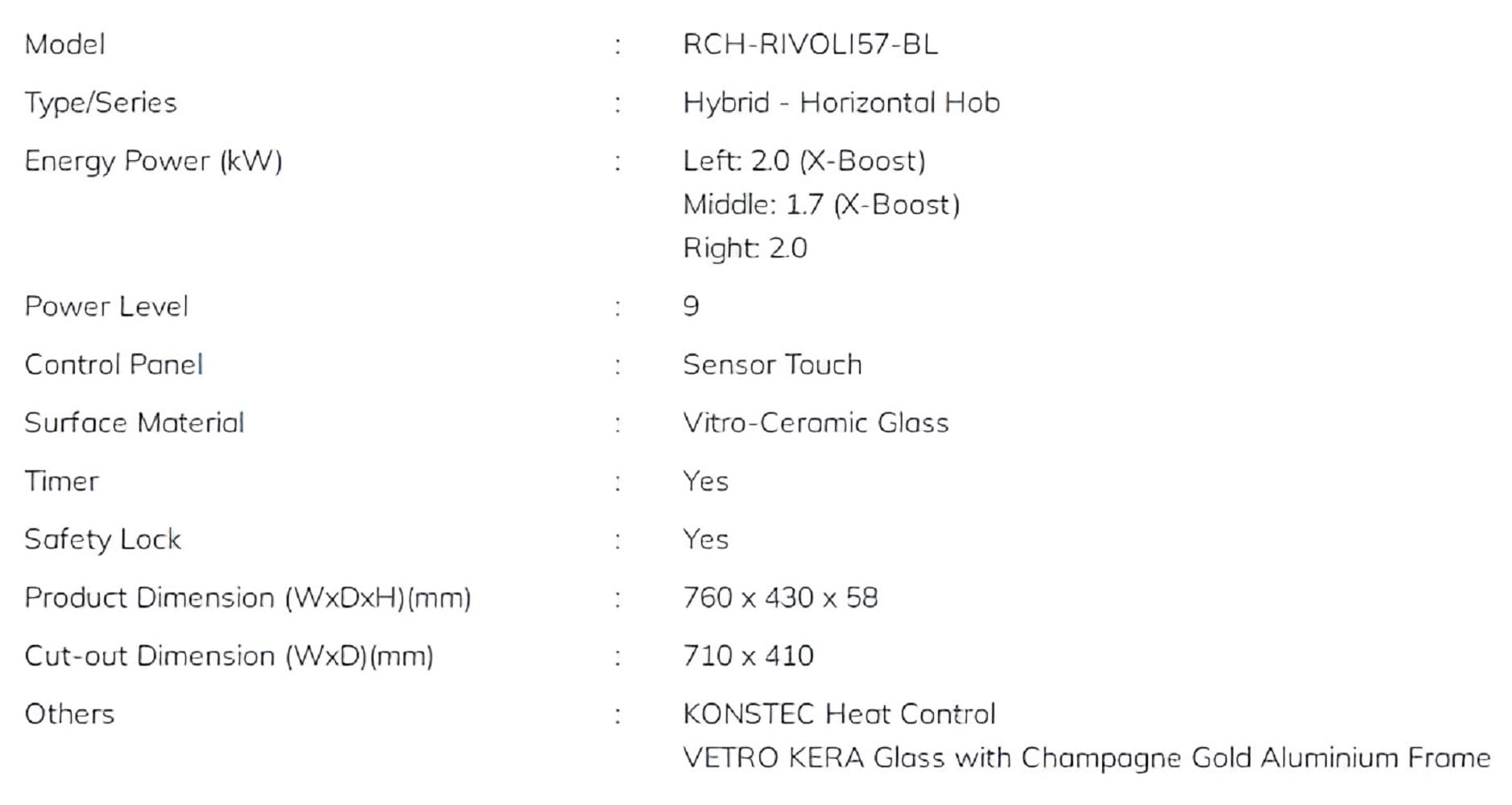 RUBINE CERAMIC+INDUCTION HYBRID HOB RCH-RIVOLI57-BL BLACK 76CM