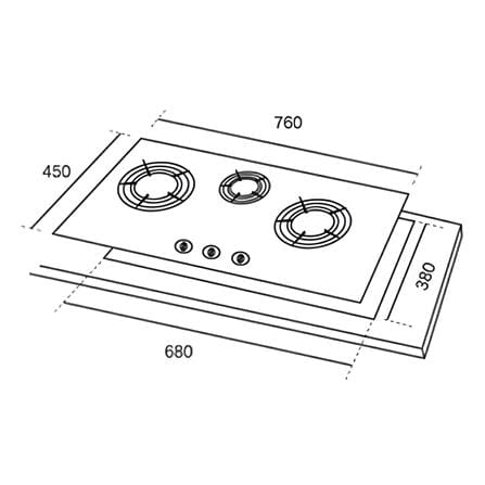 RUBINE GAS HOB RGH-CALDO3B-SS 3BURNERS STAINLESS STEEL 5.2kW+2.0kW 76CM