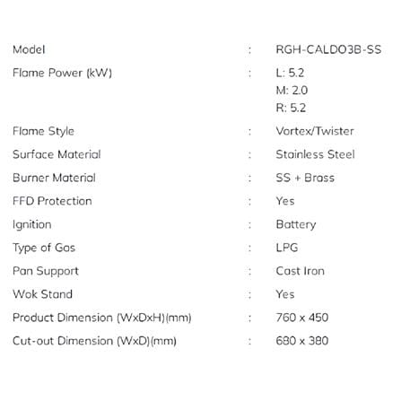 RUBINE GAS HOB RGH-CALDO3B-SS 3BURNERS STAINLESS STEEL 5.2kW+2.0kW 76CM