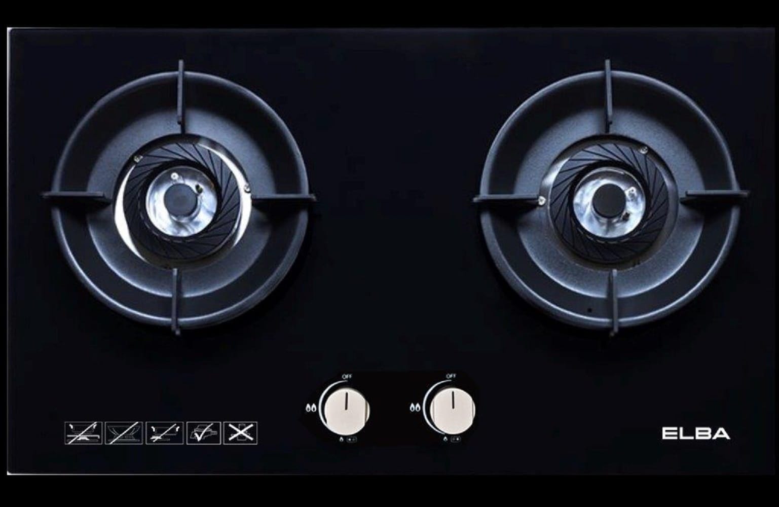 ELBA GAS HOB EGH-N8822G(BK) 2 x TRIPLE RING BURNERS 5.0kW 76CM