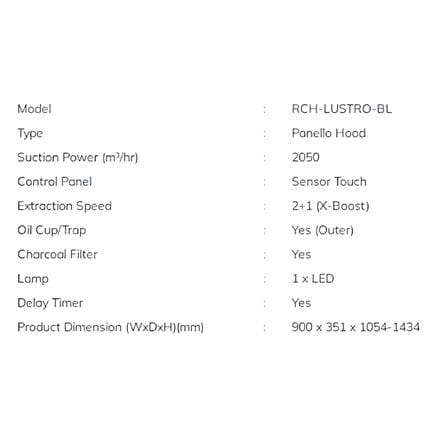 RUBINE CHIMNEY HOOD RCH-LUSTRO-BL BLACK 90CM 2050M3/H BLDC MOTOR