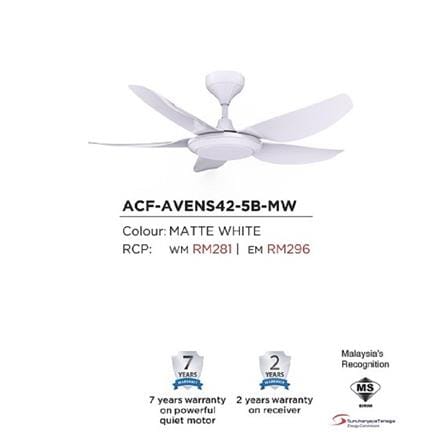 RUBINE CEILING FAN AVENS 5BLADE MATTE WHITE 42INCH
