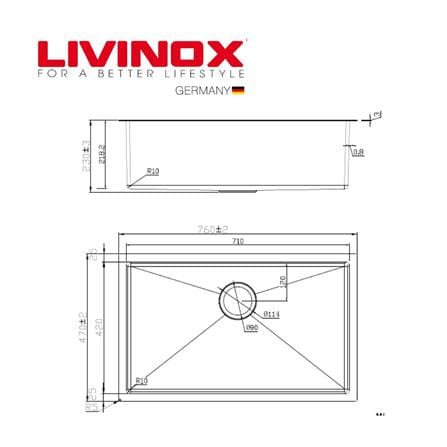 LIVINOX BUILT IN UNDERMOUNT SINK LUS-7647 1BOWL STAINLESS STEEL 304 76CM