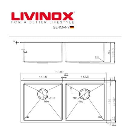 LIVINOX BUILT IN UNDERMOUNT SINK LUS-9647 STAINLESS STEEL 2BOWL 304 96CM