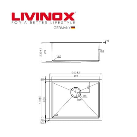 LIVINOX UNDERMOUNT SINK LUS-6047 SILVER STAINLESS STEEL 304 1BOWL 60CM