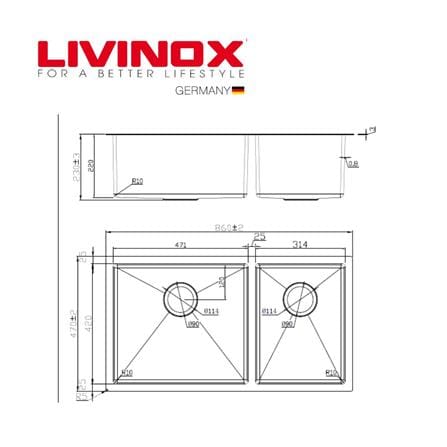 LIVINOX BUILT IN UNDERMOUNT SINK LUS-8647 STAINLESS STEEL 304 2BOWLS 86CM