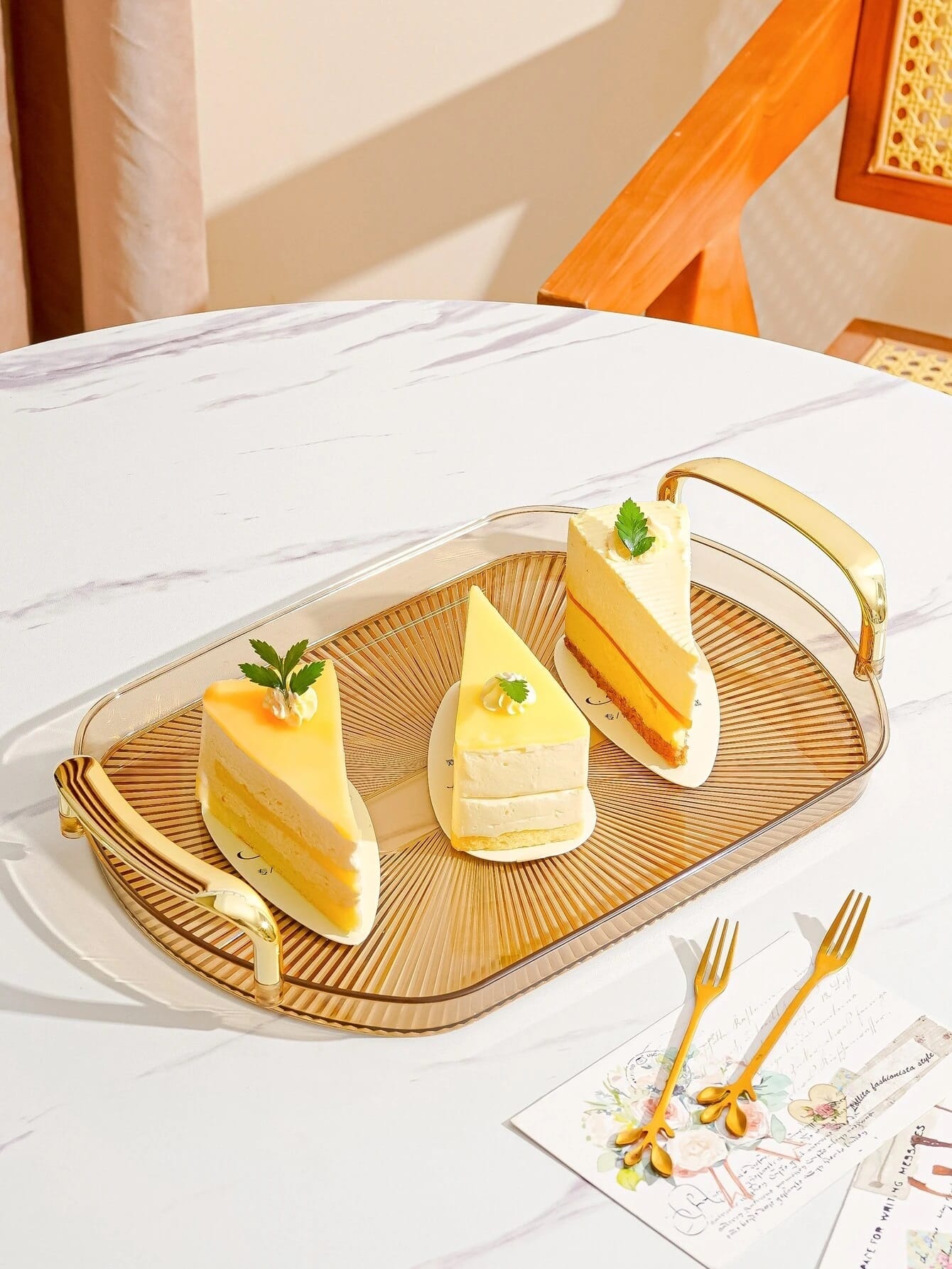 COSSY RECTANGULAR TRAY WITH GOLD RIM HANDLES 42 CM X 26 CM