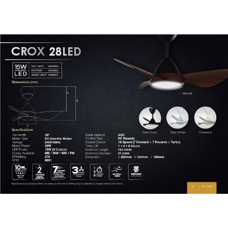 DEKA CEILING FAN CROX 3BLADES LED BLACK 28INCH