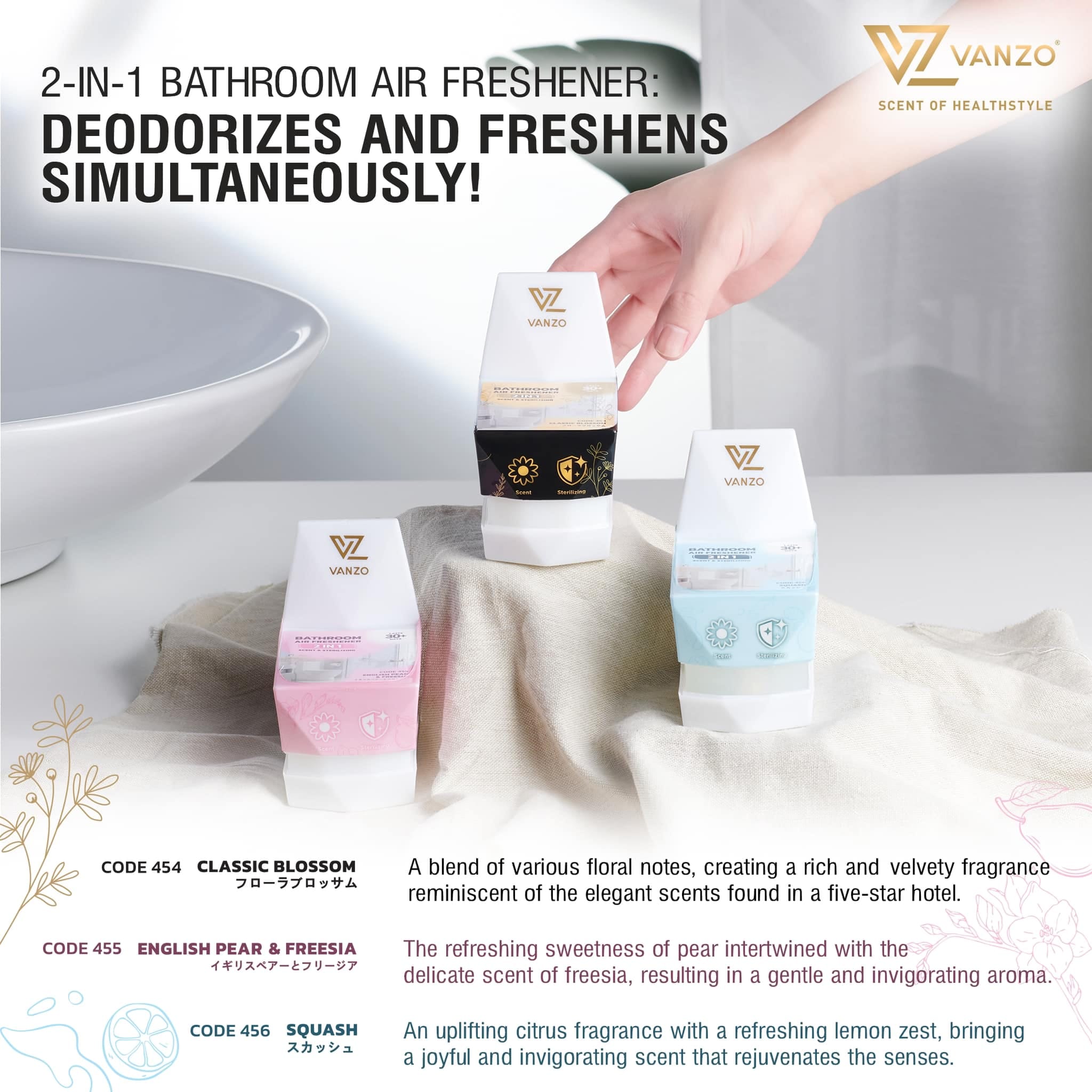 VANZO 2 IN 1 BATHROOM AIR FRESHENER ENGLISH PEAR & FREESIA 115G