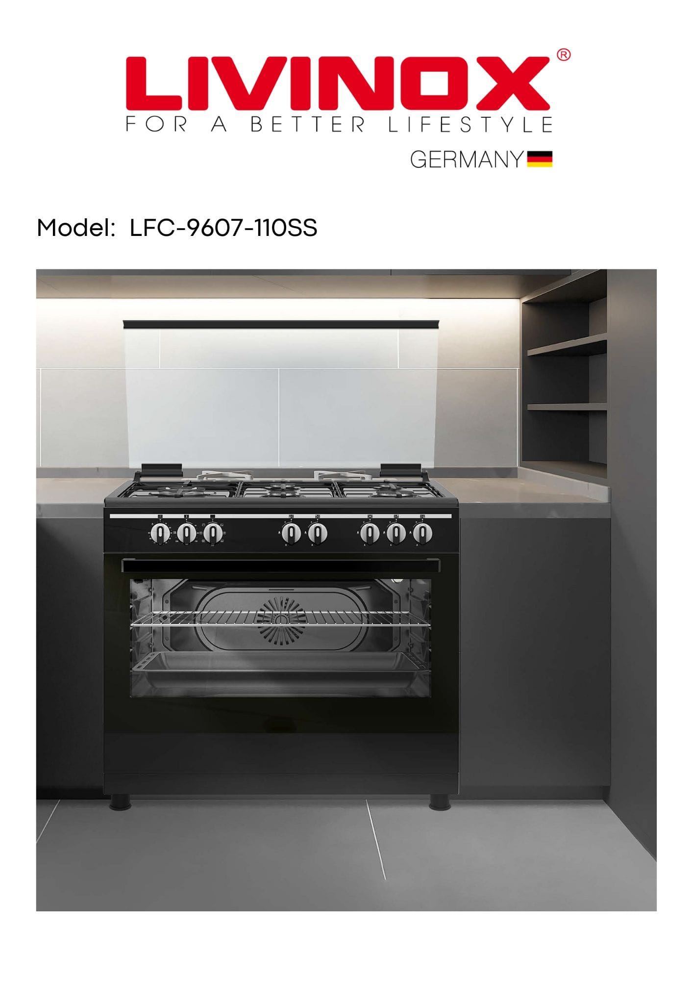 LIVINOX FREESTANDING COOKER LFC-9607-110B (MADE IN EUROPE) BLACK 5BURNER 7FUNCTIONS 110LITER