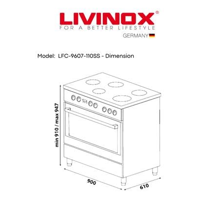 LIVINOX FREESTANDING COOKER LFC-9607-110B (MADE IN EUROPE) BLACK 5BURNER 7FUNCTIONS 110LITER