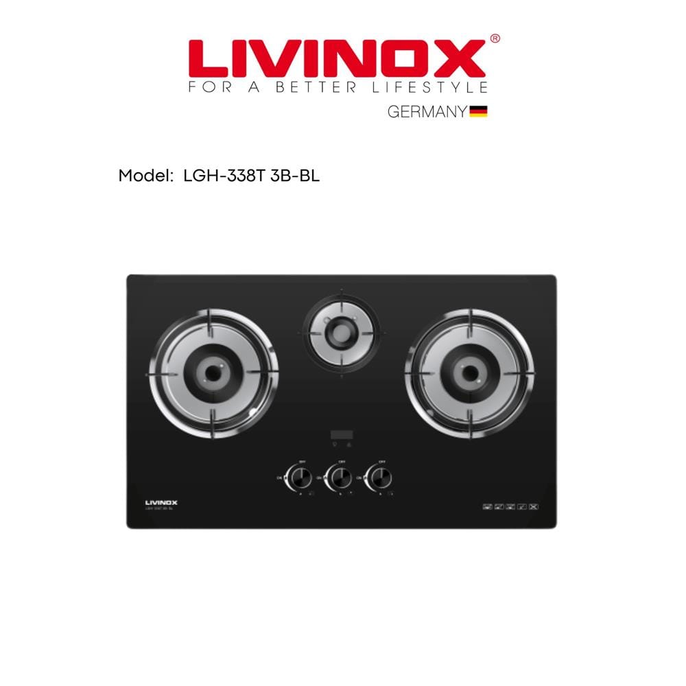LIVINOX FLEXIBLE GAS HOB LGH-338T 3B-BL 3BURNER 5.2KW + 1.65KW 78CM BLACK