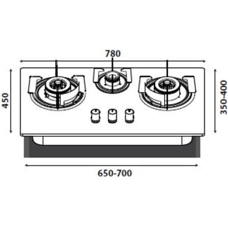 LIVINOX FLEXIBLE GAS HOB LGH-338T 3B-BL 3BURNER 5.2KW + 1.65KW 78CM BLACK