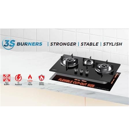 LIVINOX FLEXIBLE GAS HOB LGH-338T 3B-BL 3BURNER 5.2KW + 1.65KW 78CM BLACK