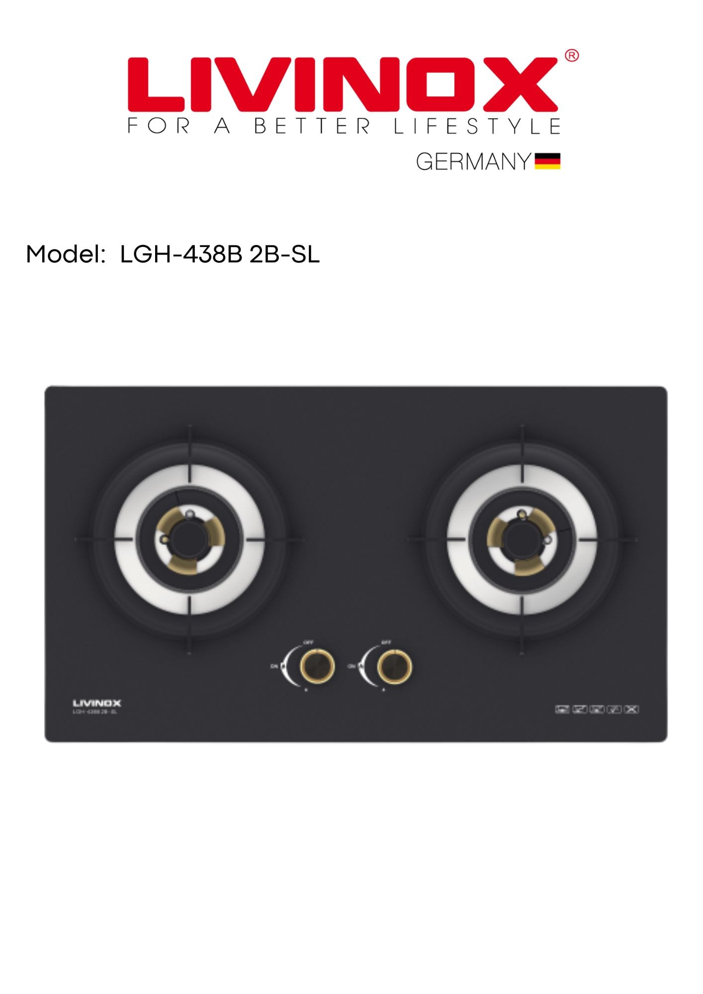 LIVINOX GAS HOB LGH-438B 2B-SL 2BURNER 5.5KW 75CM BLACK