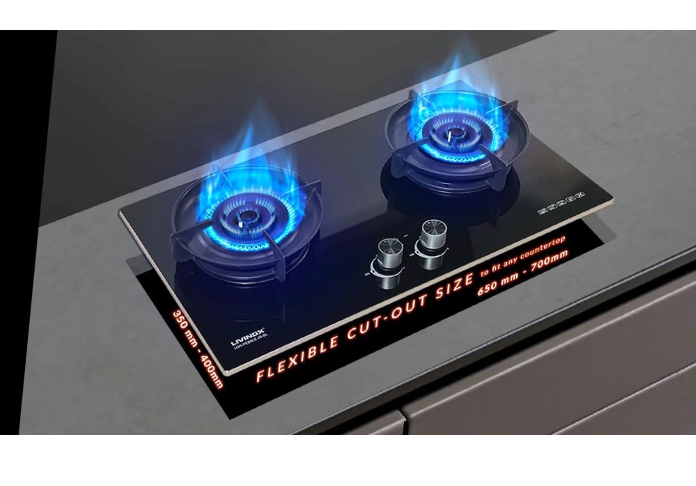 LIVINOX FLEXIBLE GAS HOB LGH-PEBBLE 2B-BL 2BURNER 6.5KW 78CM
