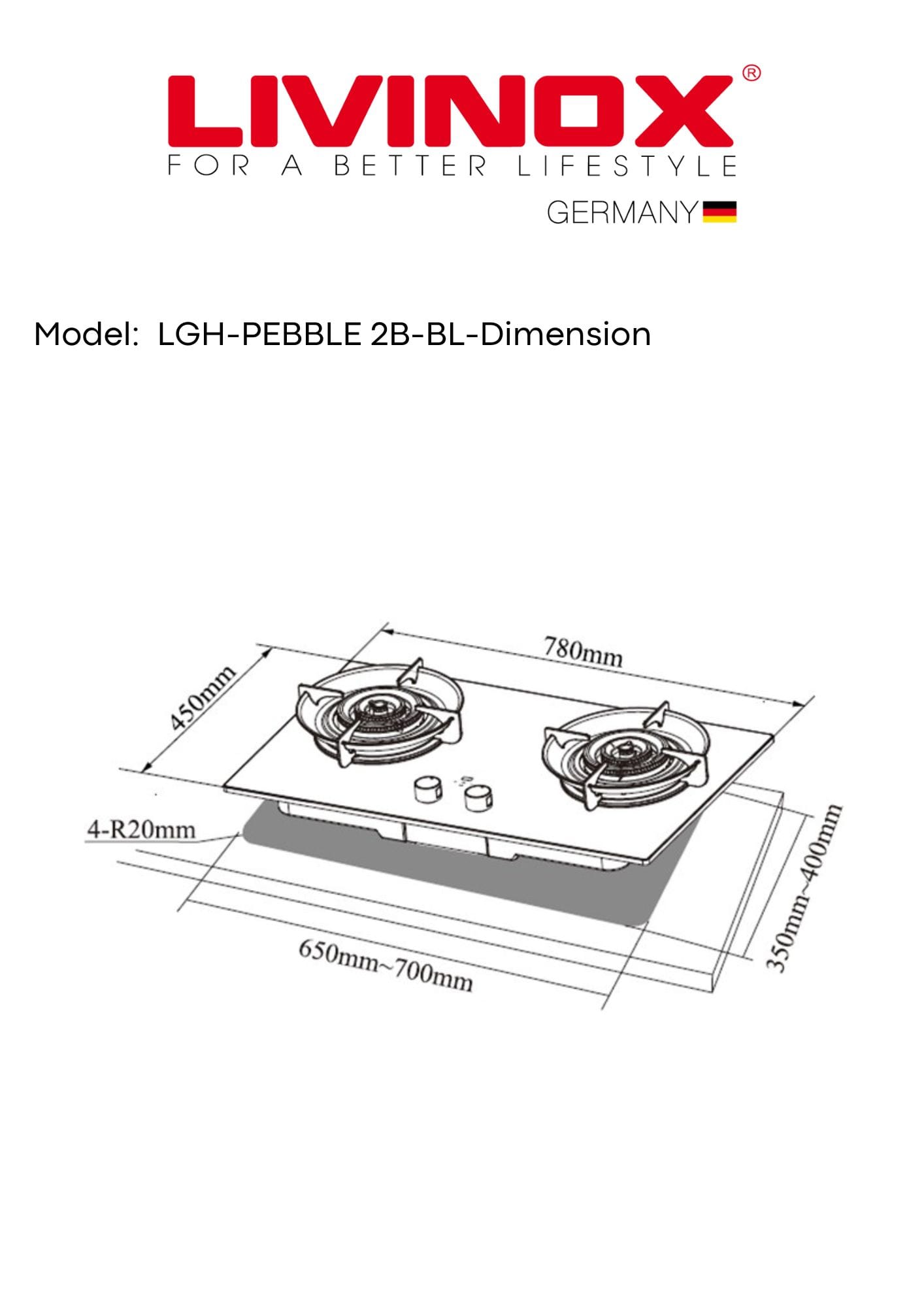LIVINOX FLEXIBLE GAS HOB LGH-PEBBLE 2B-BL 2BURNER 6.5KW 78CM