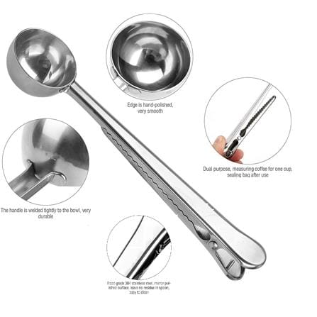 2IN1 COFFEE SCOOP  WITH  FOOD BAG CLIP  STAINLESS STEEL C0OK CHARMY