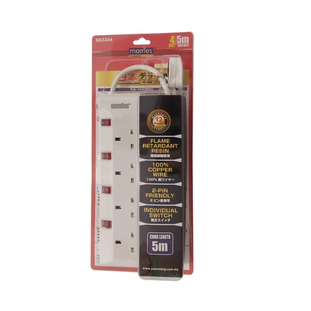 MORRIES EXTENSION SOCKET 4GANG 5.0M WITH NEON WHITE MS3244-5