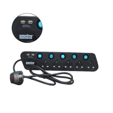 MORRIES EXTENSION SOCKET 5GANG 1.5M WITH NEON & 2-USB BLACK MS3355USB