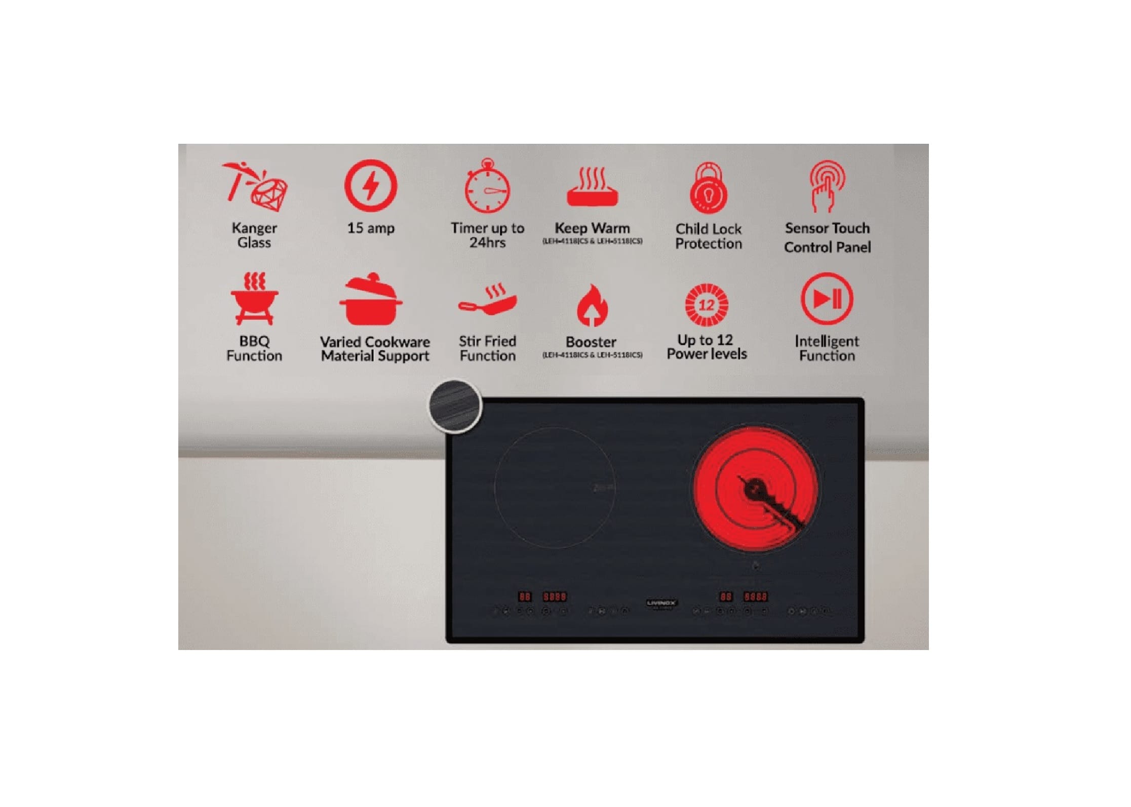 LIVINOX CERAMIC+INDUCTION HOB LEH-5118ICS 2200WATT 73CM