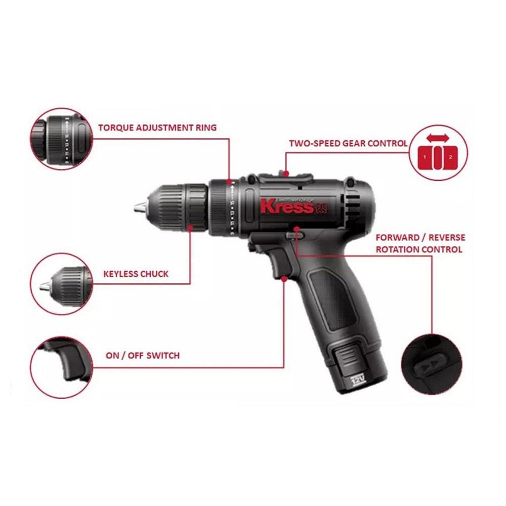 KRESS HAND DRILL DRIVER CORDLESS KU200 12V BLACK