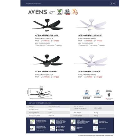 RUBINE CEILING FAN AVENS LED 5BLADE MATTE BLACK 42INCH