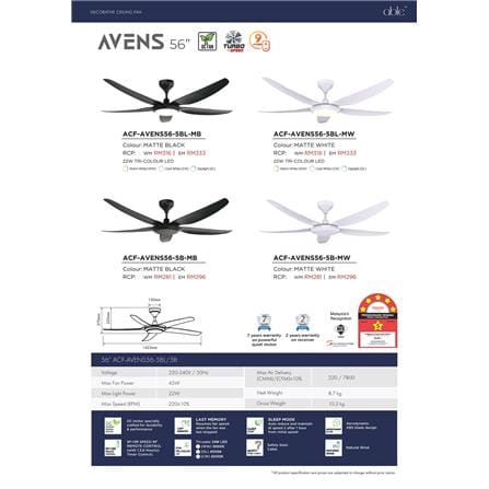 RUBINE CEILING FAN AVENS 5BLADE LED MATTE WHITE 56INCH