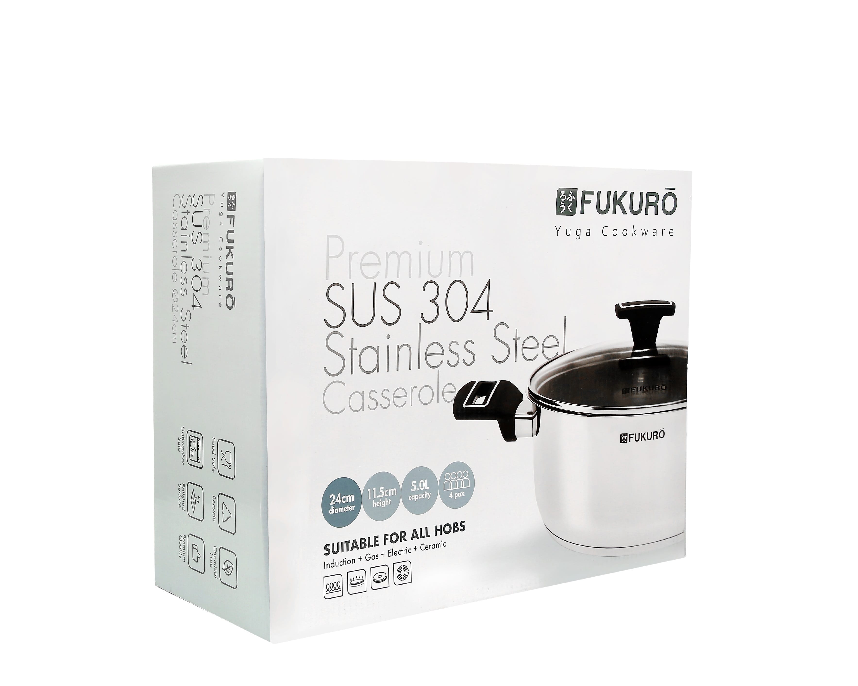 FUKURO YUGA 304 STAINLESS STEEL CASSEROLE WITH LID 24CM