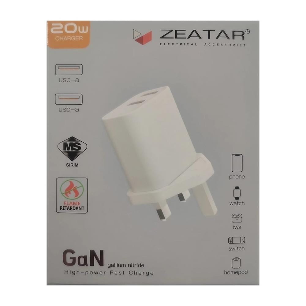 20W DUAL USB ADAPTOR CHARGER ZA3720UU ZEATAR WHITE