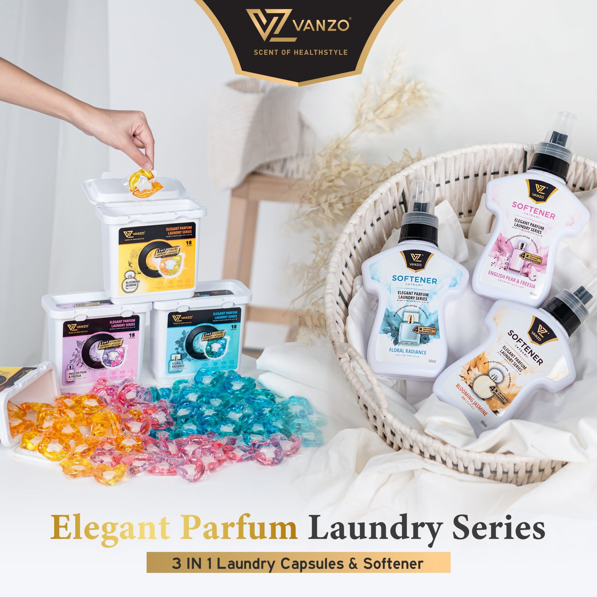 VANZO 3IN1 LAUNDRY CAPSULES FLORAL RADIANCE 18PCS