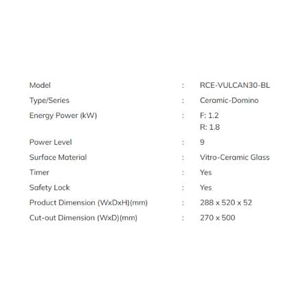 RUBINE DOMINO CERAMIC HOB RCE-VULCAN30-BL 29CM