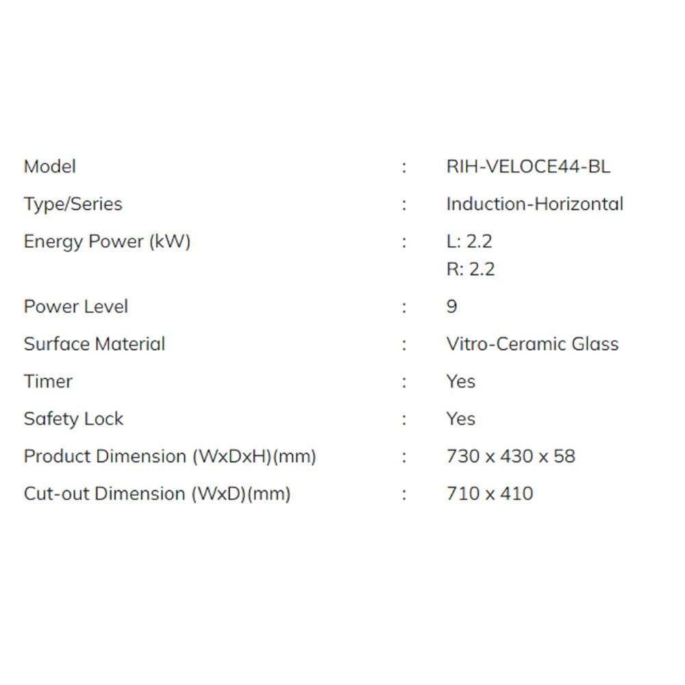 RUBINE INDUCTION HOB RIH-VELOCE44-BL BLACK 73CM LEFT 2.2KW RIGHT 2.2KW