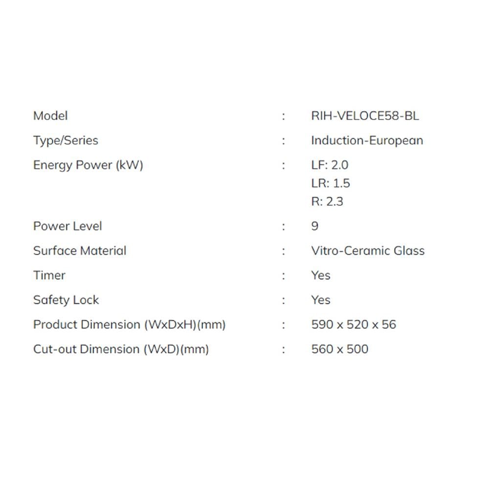 RUBINE INDUCTION HOB RIH-VELOCE58-BL BLACK 59CM