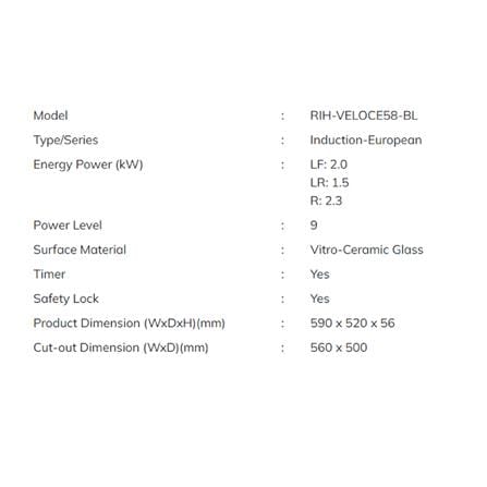 RUBINE INDUCTION HOB RIH-VELOCE58-BL BLACK 59CM