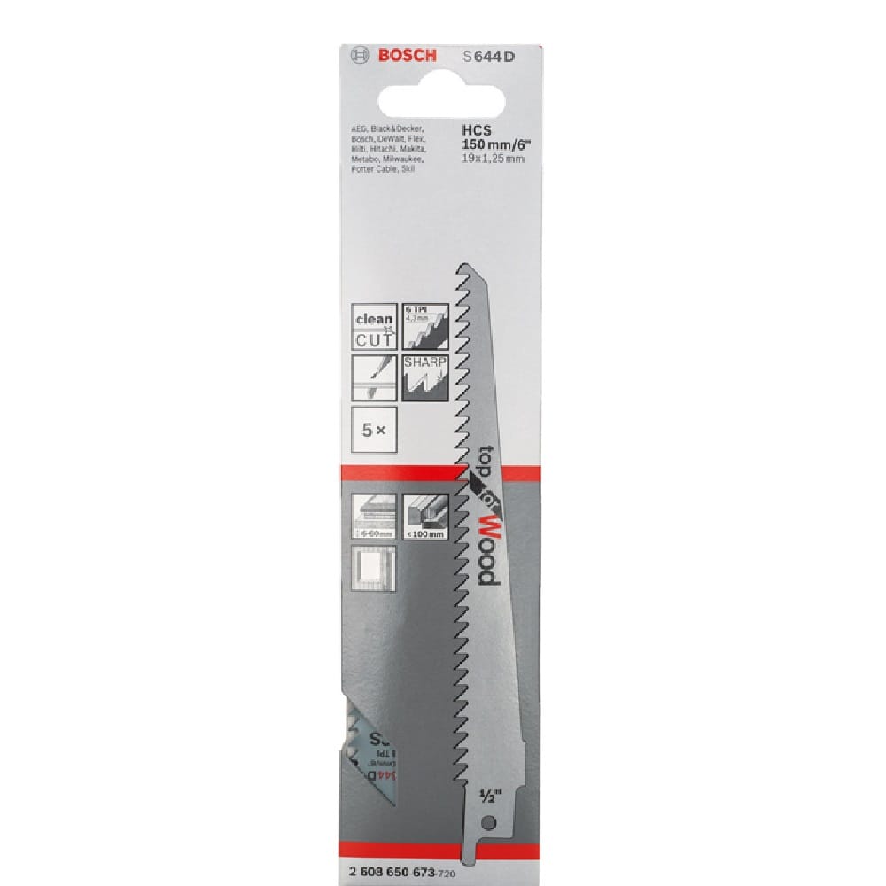 BOSCH RECIPROCATING SAW BLADE S644D (TOP FOR WOOD) 150X19X1.25MM  5PCS/PACK