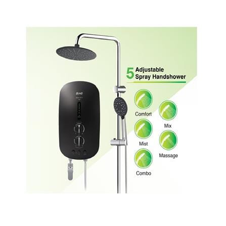 ALPHA SHOWER HEATER DC PUMP WITH RAIN SHOWER SMART 18-I MATT BLACK (CHROME SHOWER ACCESORIES SET)
