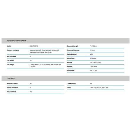 ALPHA CEILING FAN ALKOVA KONA 3B MATTE BLACK 16"