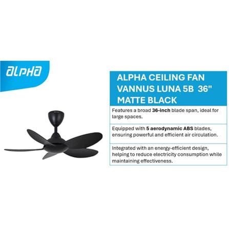 ALPHA CEILING FAN VANNUS LUNA 5B MATTE BLACK 36"